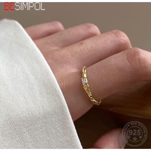 Besimpol 925 Sterling Silver Zircon Gold Ring Light Luxury Uneven Adjustable Thin Rings For Women Fashion Fine Jewelry Gifts