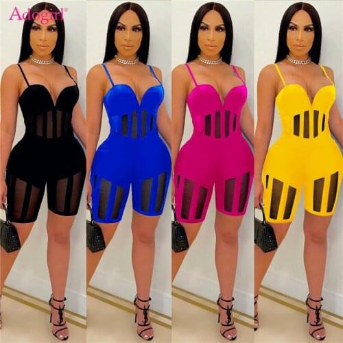 Adogirl Sheer Mesh Patchwork Spaghetti Straps Playsuit for Women Sexy V Cut Strapless Shorts Jumpsuit Slim Night Club Romper