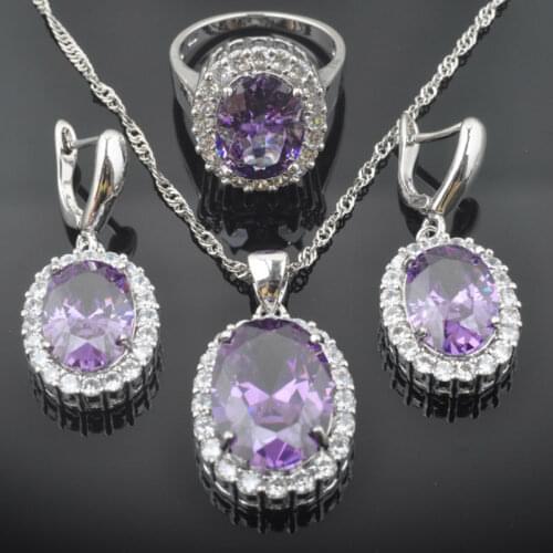 Purple Crystal Womens Jewelry Sets Wedding Earrings Ring Necklace Silver Color Set QZ0461