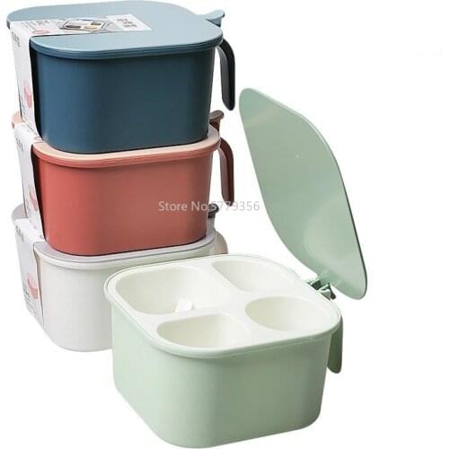 Creative Household Seasoning Jar Kitchen Supplies Seasoning Box Four Grids One Pepper Box with Lid Free 4 Spoons