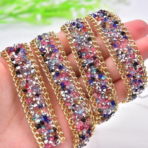 90CM Iron On Rhinestone Tape Gold Chain Hotfix Gemstone Lace Trim Hot Drilling Beaded Chain Ribbons Bridal Dress Belt Banding