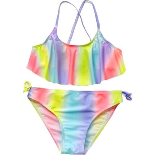 Summer Girls Swimwear Girls' Tie-dye Printed Bikini Suit With Ruffled Frills Childrens Split Swimsuit Maillot De Bain Fille#l12
