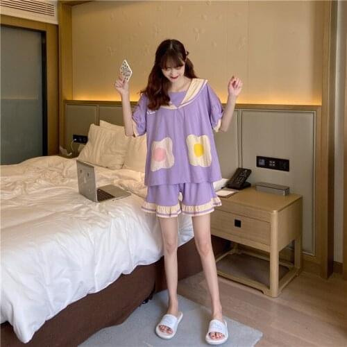 Japanese Sweet Lovely Soft Girly Tracksuit Suit Girl Pajamas Home Service 2020 Summer Sailor Collar Cartoon Print Woman Clothing