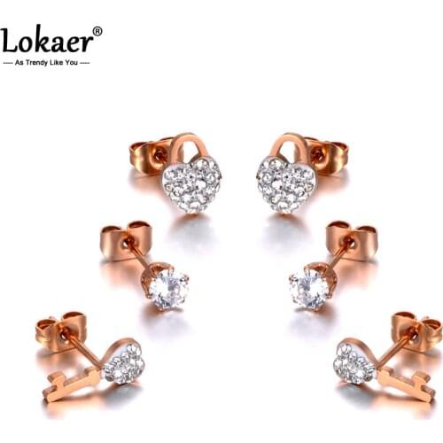 Lokaer Trendy Titanium Stainless Steel Lock & Key Rhinestone Earrings Jewelry 3Pair/Set Crystal Earrings For Women Girls E20037