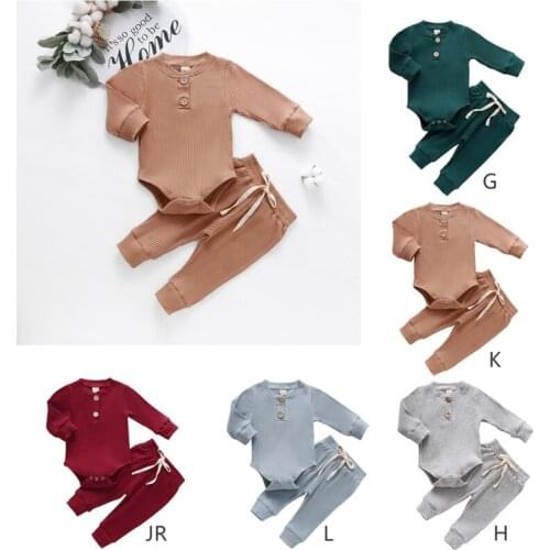 Fashion 2Pcs Cotton Infant Baby Girls Boys Clothes Set Solid Long Sleeve Tops+Pants Outfits Suit Toddler Casual Clothing