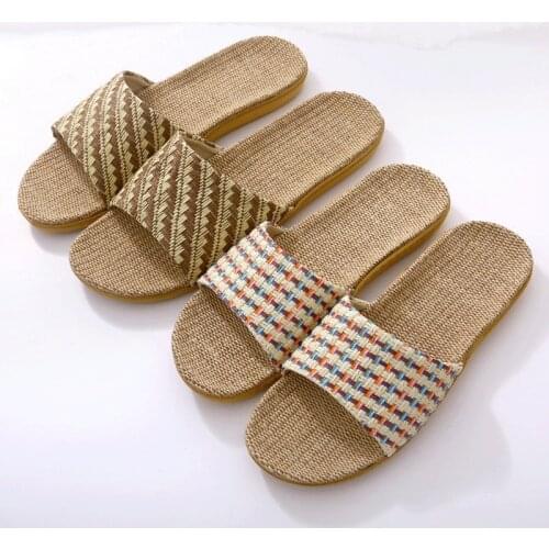 Mens Summer Linen Slides Womens/Man Stripes Flax Slippers Bathroom Flip Flops Female/Male Beach Sandals Indoor Couple Home Shoe