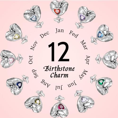 Birthday Gifts 925 Sterling Silver Beads Birthstone Charms Heart Dangle Angel Wings Fit Original JIUHAO Bracelet DIY Jewelry
