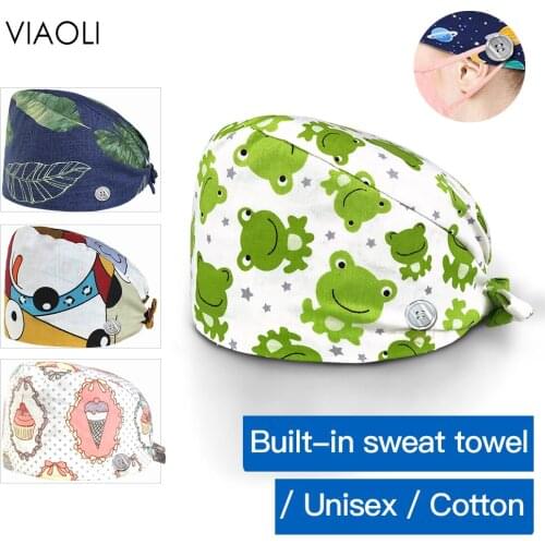 Viaoli cartoon printing Sweat towel Elastic adjustable Scrub hat beauty pet shop work cap spa uniform hat beauty salon Scrub Cap