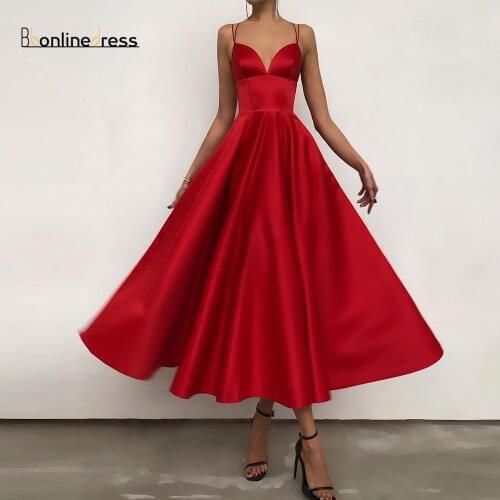 Simple Satin Spaghetti Strap Red Prom Dress V-Line Tea Length Backless Charming Evening Formal Party Dress Vestido De Fiesta