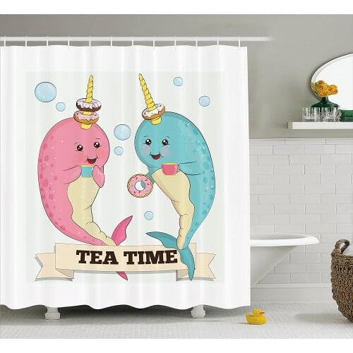 Narwhal Shower Curtain Tea Drinking Whales Ocean Unicorn with Abstract Bubbles Backdrop Home Decoration Bathroom Curtains