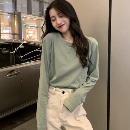 Spring Autumn Women T-shirt Cotton Long Sleeve Plain T shirt Korean Style School Ladies Girls Basic Blue Black White Tops Female
