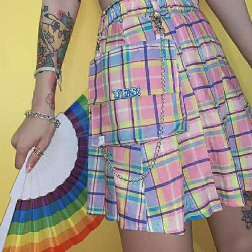 Summer Gothic Grunge Skirt Women High Waist Harajuku High Street Girl Y2k Skirt Female Gradient Color Plaid Sweet Pleated Skirt