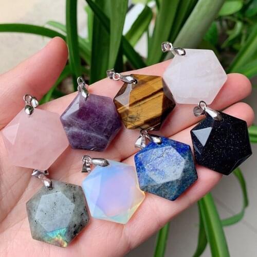 Reiki Natural Stone Pendants Opal Lapis Amethysts Pink Crystal Pendulum Faceted Hexagonal Purple Quartz Pendant Pendulo Women