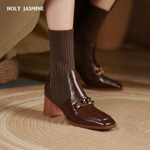 Modern Boots Office Casual Women Mid-Calf Boots Fashion Concise Square Toe Thick Heels Autumn Winter Genuine Leather Shoes Woman