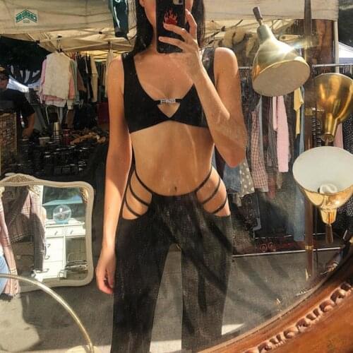 YICIYA Women Black Sexy Cut Out Holes Pants Slim Fitness Sweat Pants Flare Hollow Out Trousers Women Streetwear Capris Pants