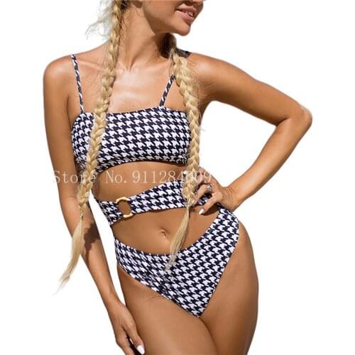 Women Hollow Out One-piece Swimsuit Adults Houndstooth Print Spaghetti Strap O-ring Padded Swimwear 2021 New Bikinis