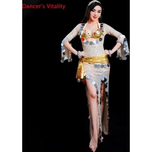 Oriental Dance Costume For Women Sexy Belly Dancing Skirt Professional Dancer Outfit Suit Gold Headdress Belt Dress 3peice S,M,L