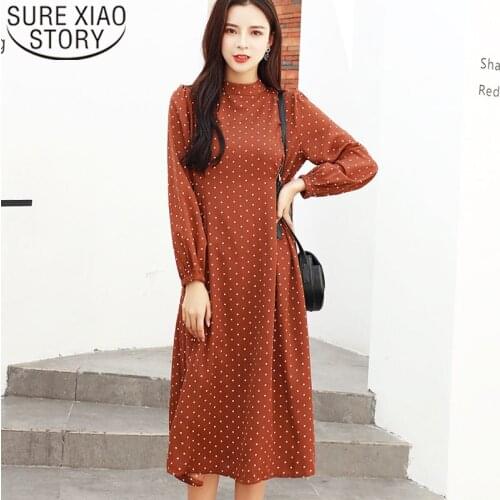 Dress Women 2021 Long Sleeve Dress Office Lady A-Line Dot Zippers Knee-Length Dresses Empire Stand Red Dress Elegant 8559 50