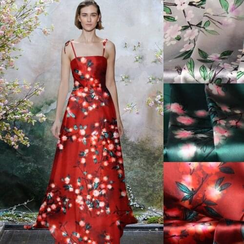 118CM Wide 19MM 93% Silk & 7% Spandex Peach Blossom Print Stretch Red Gray Green Silk Satin Fabric for Dress Cheongsam D1037
