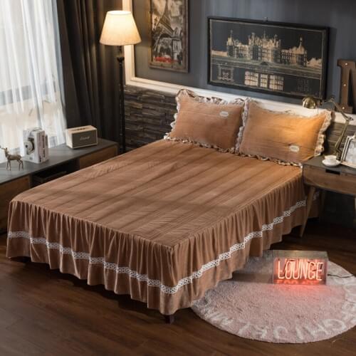 Thicker Warm Crystal velvet Deep Camel Bedspread Fitted Sheet Pillowcases Cotton 2/3pcs Solid Princess Lace Bedding