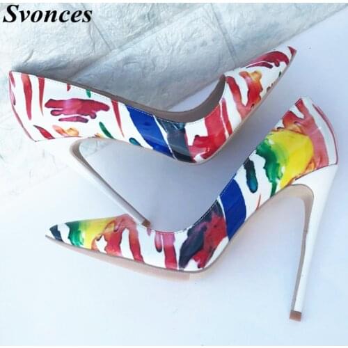 2019 Fashion White Patent Leather Graffiti Pointed Pumps Women Shoes Stiletto Heels Sexy Printed Dress Shoes 12cm Large Size