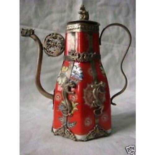 2pcs Tibetan Porcelain Tibet Silver Butterfly TeaPot Shipping Garden Decoration 100% Tibetan silver BRASS