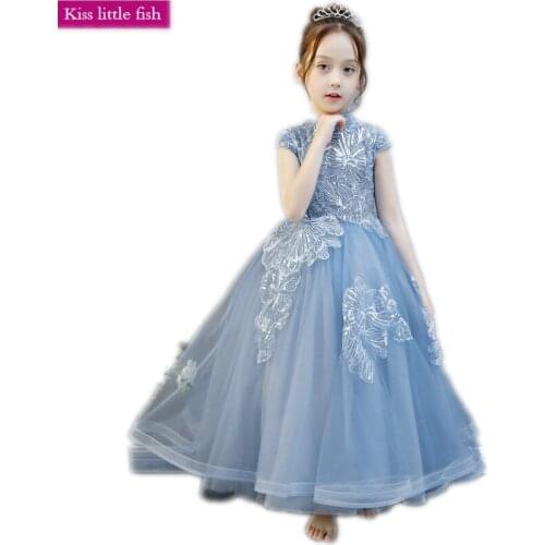 Free shipping Long light blue Pageant dresses for girls Elegant girls dresses 2019