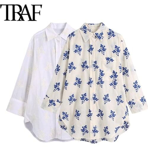 TRAF Women Fashion Patch Pocket Loose Embroidery Blouses Vintage Long Sleeve Button-up Female Shirts Chic Tops