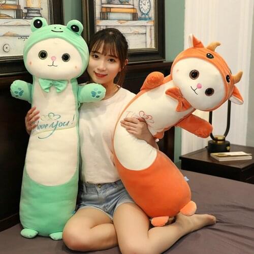 Large Size Long Stuffed Pillow Animal Plush Toys Cat Turns Into Frog Cow Doll Soft Cushion Girl Baby Birthday Gift