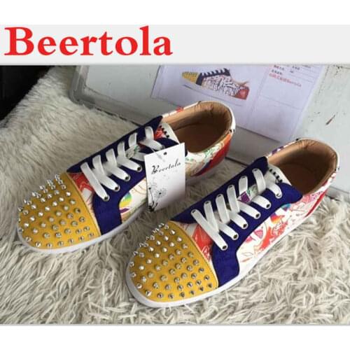 Patent Leather Shallow Men Shoes Mixed Color Graffiti Casual Shoes Men Yellow Head Spikes Street Style Round Toe tenis masculino