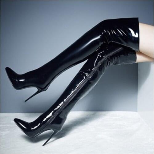 Black Thigh High Heel Boots Patent Leather Stiletto Heel Long Boots Shape Your Legs Pointy Toe Over The Knee Solid Winter Shoes