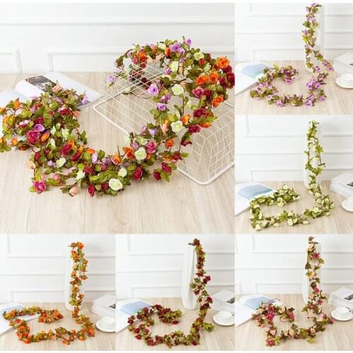Artificial Silk Rose Flower Rattan String Vine With Green Leave Fake Plant Wedding Party Home Wall Decoration Hanging Garland