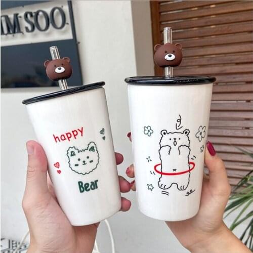 Cartoon Bear Ceramic Mug Straight Body lovely Straw Cup For Children Water Bottle Business Office Boys And Girls Drinking Cups