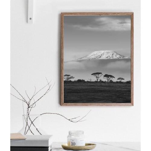 Mount Kilimanjaros Snow Top From Savana Canvas Painting Wall Picture Black White Travel Photography Poster Art Print Home Decor