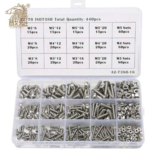 440pcs Bolts and Nuts Set M3 M4 M5 Stainless Steel Hex Socket Button Head Cap Screws Bolts Nuts Assortment Kit Screw