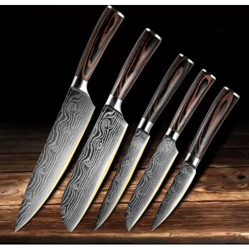 Knife Kitchen Set Laser Damascus Pattern 5PCs Professional Japanese Chef 440C Steel Santoku Utility Meat Furit Bread Knives