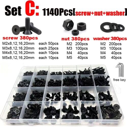 400/650/1060Pcs M2 M2.5 M3 M4 M5 10.9 Grade Steel Hex Socket Countersunk Head Screw Set Bolts and Nuts Washers Assortment Kit