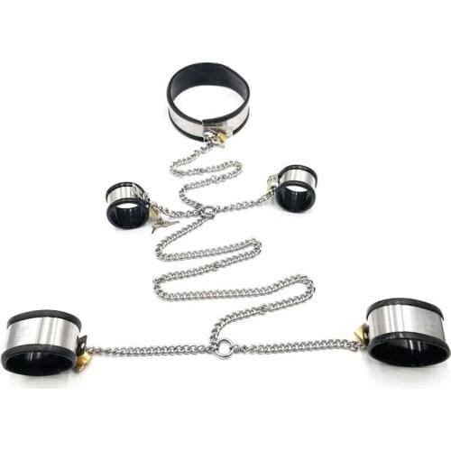 Stainless Steel Adult Games Restraints Neck Collar Hand Ankle Cuffs Slave BDSM Kit Feet Fetish Handcuffs Metal Bondage Set