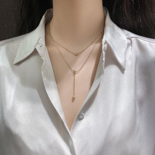 New fashion double beads titanium steel plated gold necklace tide girl wild gold color necklace jewelry