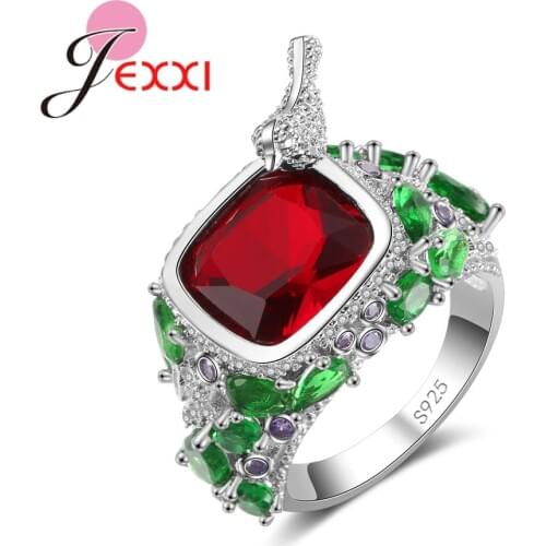 New Arrival Personality Braid Setting Red Geometry Square Luxury CZ Crystal 925 Sterling Silver Rings Woman Festival Gift