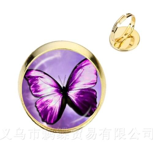 New Beautiful Purple Butterfly Rings Art Picture 16mm Glass Cabochon Dome Silver/Golder Plated 2 Color Adjustable Rings