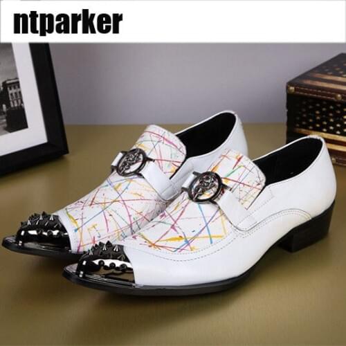 Ntparker-New Arrival LUXURY Italian Style White Man Leather Shoes Pointed Metal Toe Oxford Shoes Zapatos Hombre, EU38-46