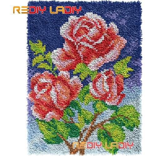 Latch Hook Rug Bouquet of Rose Crocheting Tapestry Kits DIY Carpet Rug Chunky Yarn Needlework Knitted Floor Mat Hobby & Crafts
