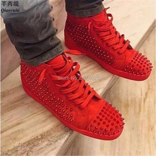 Qianruiti Fashion Men Spiked Sneakers High Top Platforms Lace Up Rivet Studded Flats Casual Shoes Men Ankle Boots Runway