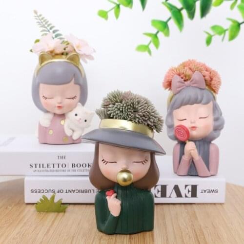 Nordic Resin Gardening Cute Little Girl Succulents Flower Pot Sculpture Decoration Living Room Desktop Home Decor Ornaments