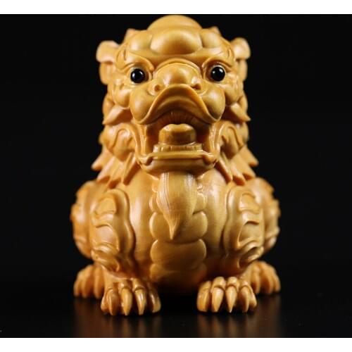 Boxwood 6cm Kylin Sculpture Auspicious Animal Solid Wood Statue Fortune Chinese Unicorn Home Decor