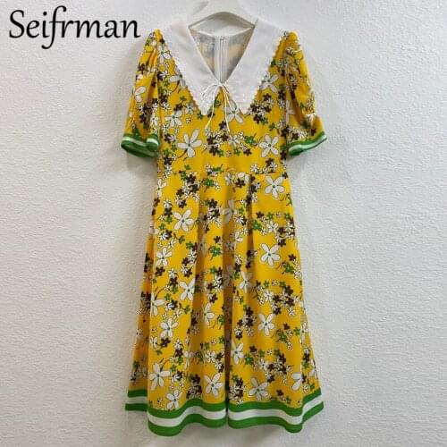 Seifrmann New 2021 Summer Women Fashion Designer Party Midi Dress Short Sleeve High Waist Floral Print Ladies Dresses Vestidos