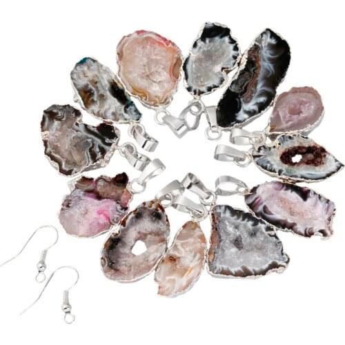 SUNYIK 1Lot (5Pc) Natural Crystal Slice Geode Druzy Quartz Pendant Silver Plated (with 1 pair free fishhook)