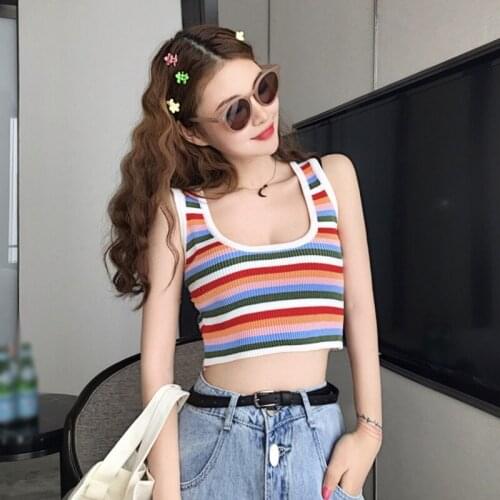 Knitted Vest Tank Top Camisole Rainbow Stripe Outer Wear Female Retro Style Round Neck Crop Tops One Size