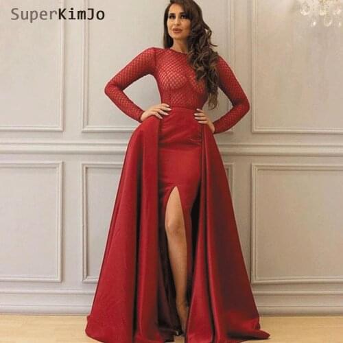 SuperKimJo Robe De Soiree Burgundy Evening Dresses Long Detachable Skirt Elegant Long Sleeve Evening Gown Abendkleider 2019